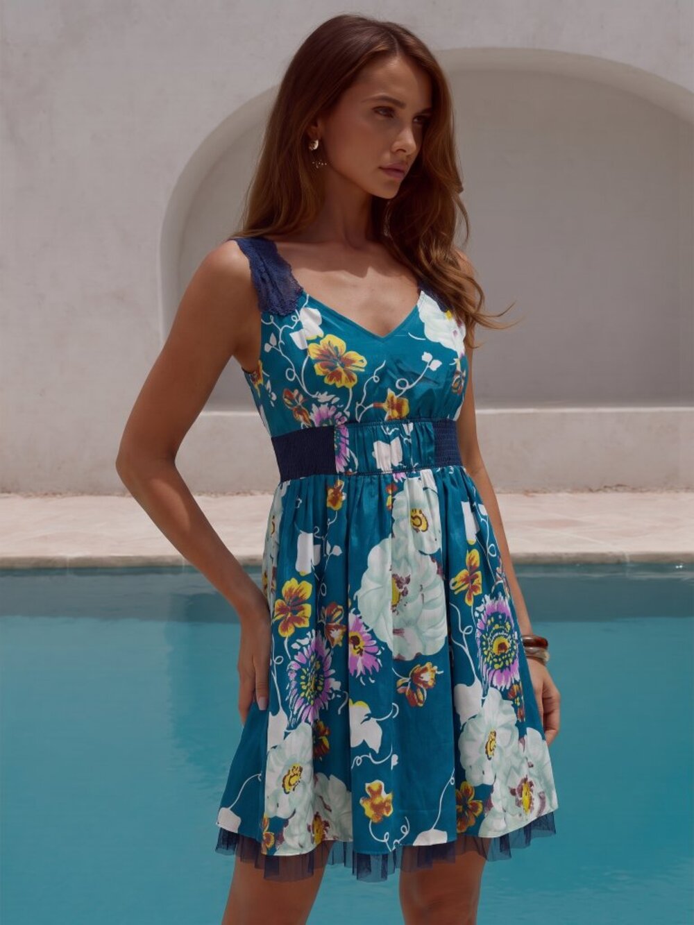 Free People Fairy Garden Teal Floral Lace-Trim Mini Dress